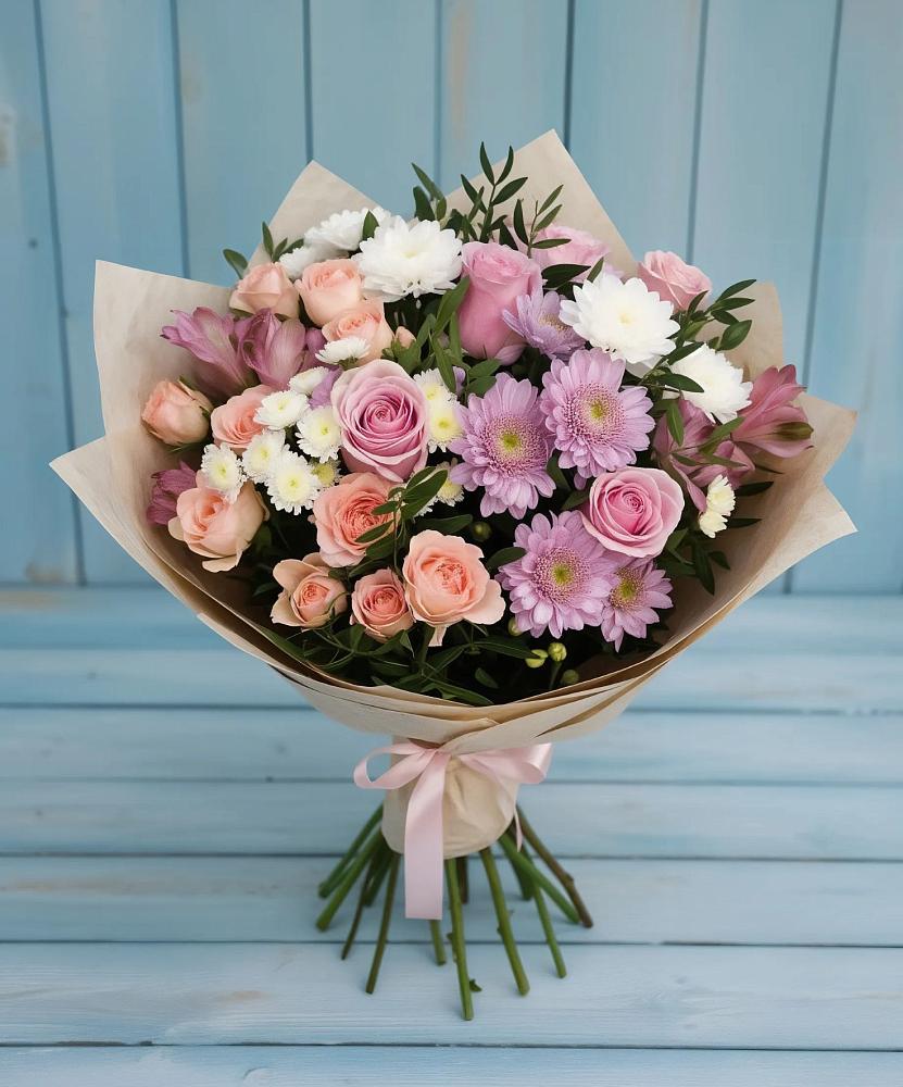 Букет цветов из: Хризантемы, Розы и Альстромерии в Слободище