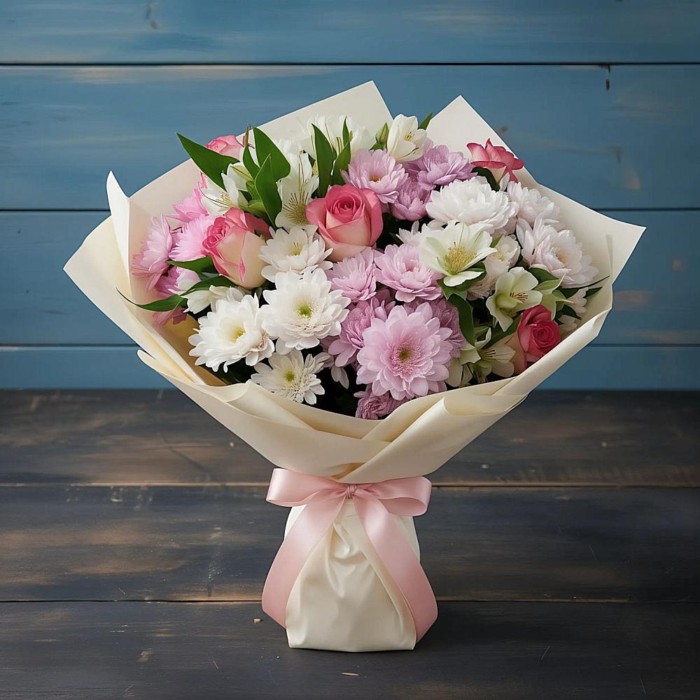 Букет цветов из: Хризантемы, Альстромерии и Розы в Слободище